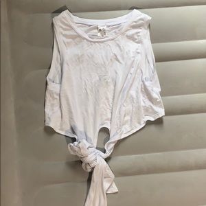 White Fabletics crop top with wraparound tie